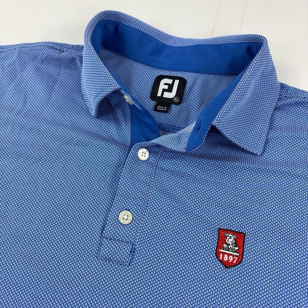 FootJoy Golf Polo Shirt Mens XL Blue Geometric 1897 Crest Logo Knit Short Sleeve